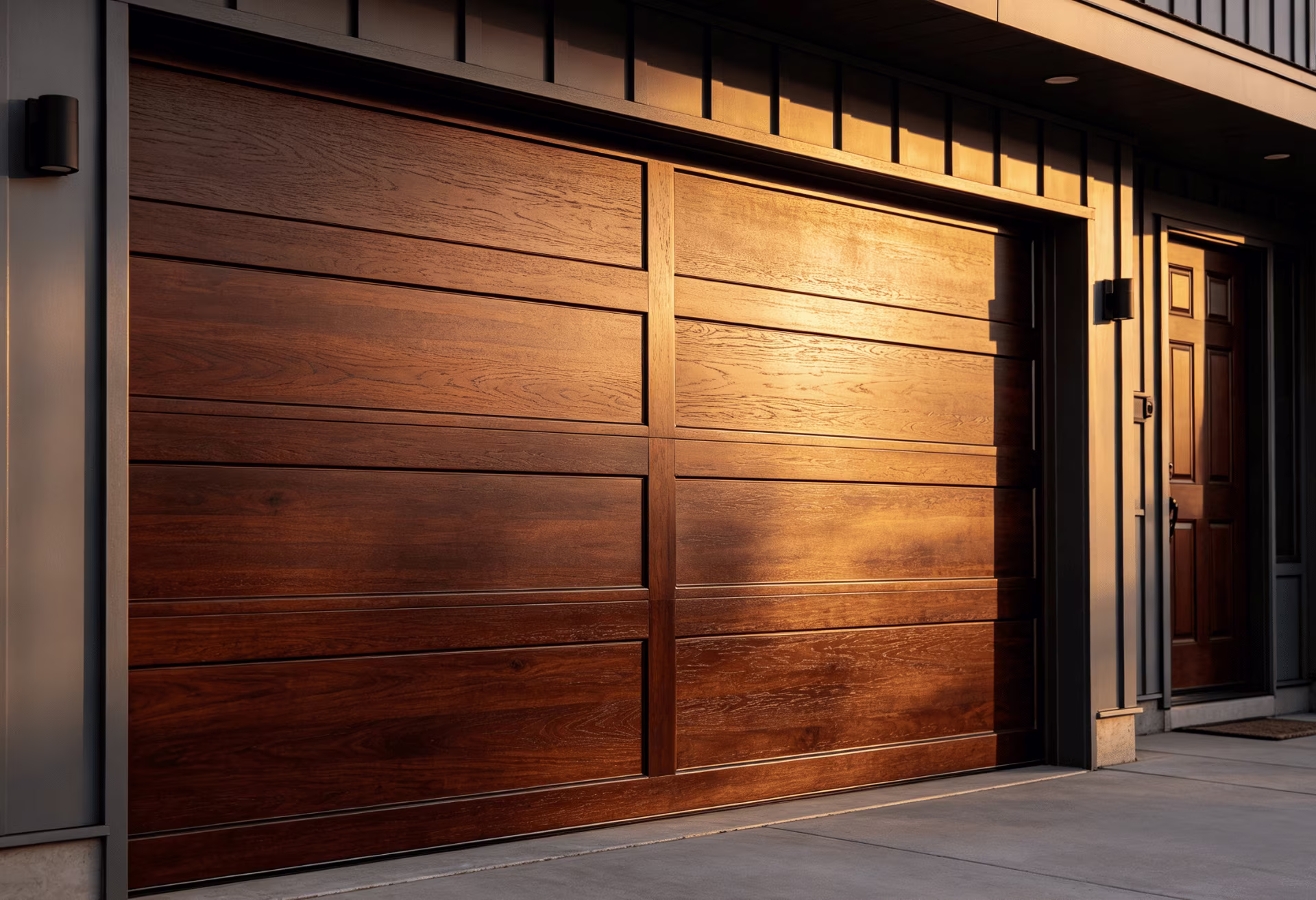 Dark wood grain steel garage and door panels