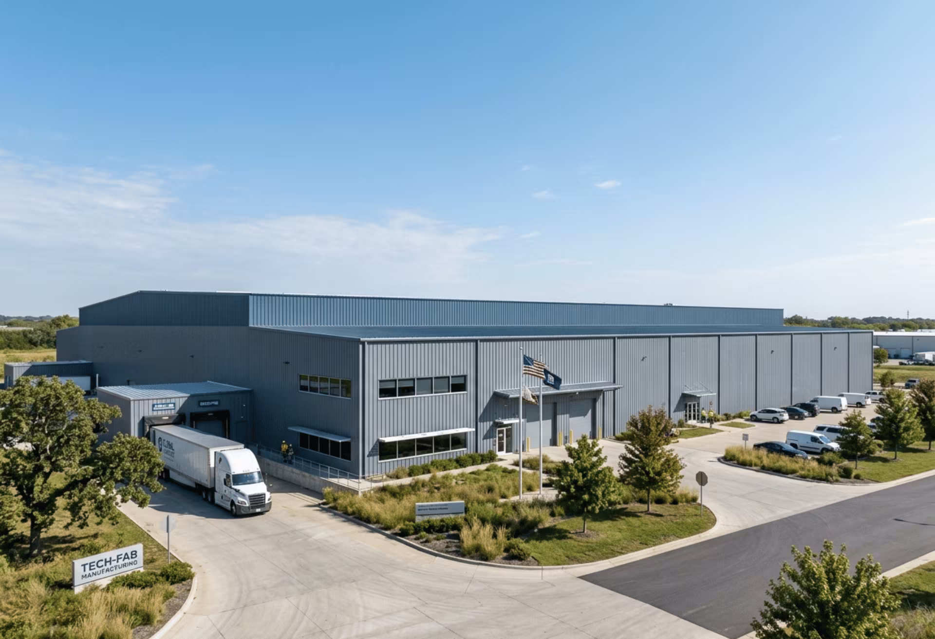 Industrial building with PPGI steel roofing sheets and wall cladding panels