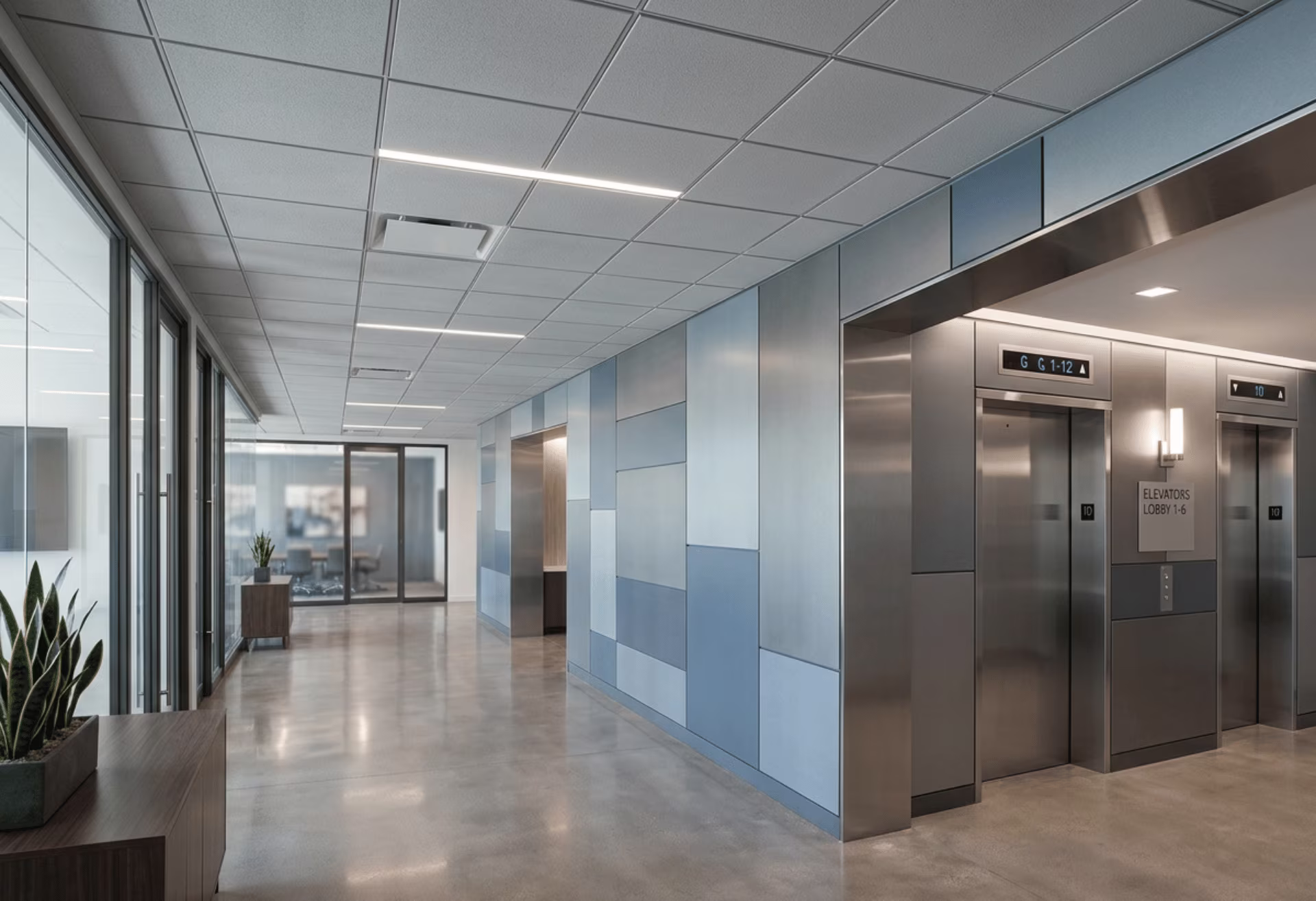 Interior fit out with PPGI steel suspended ceiling tiles, wall panels, and elevator linings