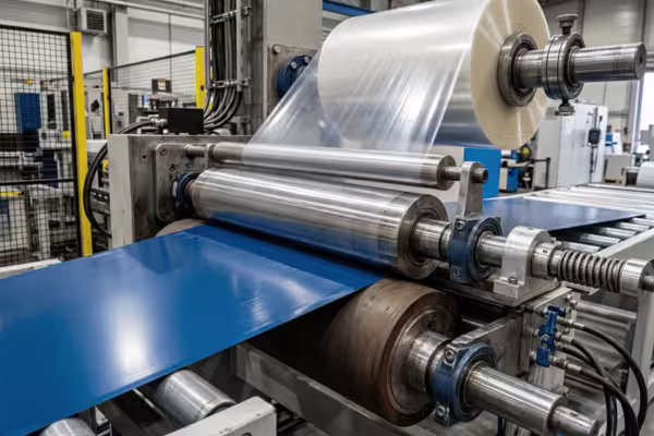 Lamination line applying protective film over color coated PPGI steel coil