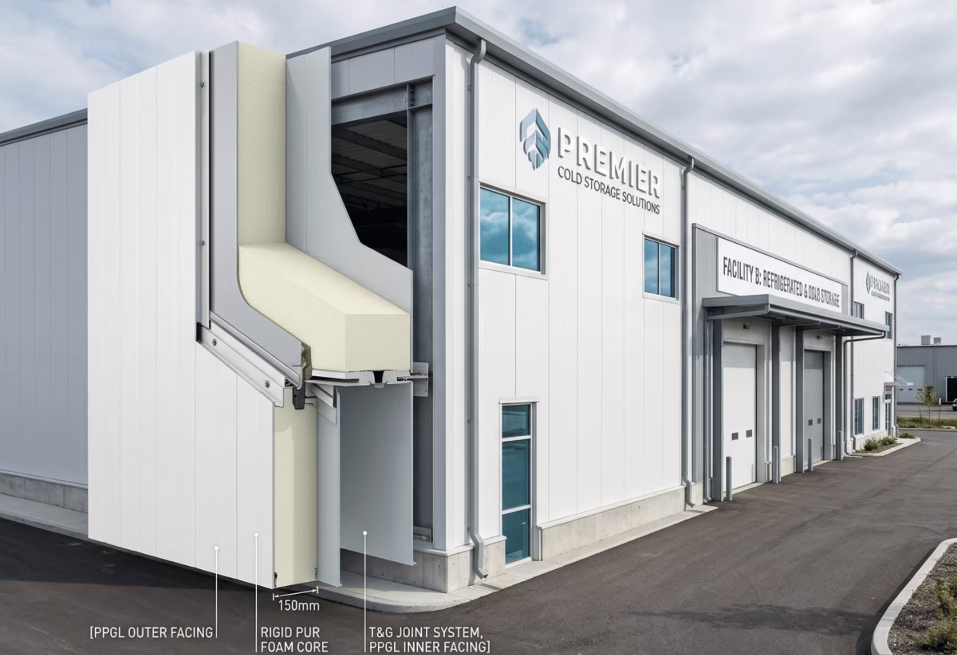 PPGL sandwich panels on warehouse wall