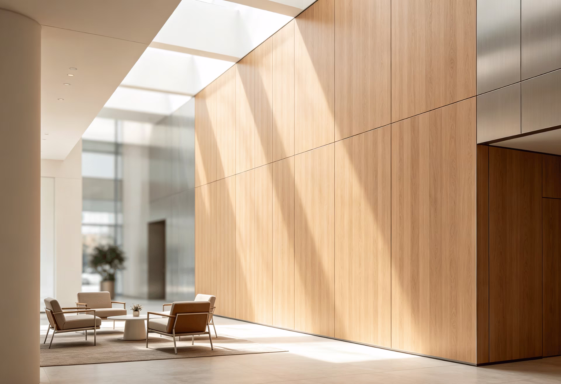 Wood grain steel feature wall in modern lobby