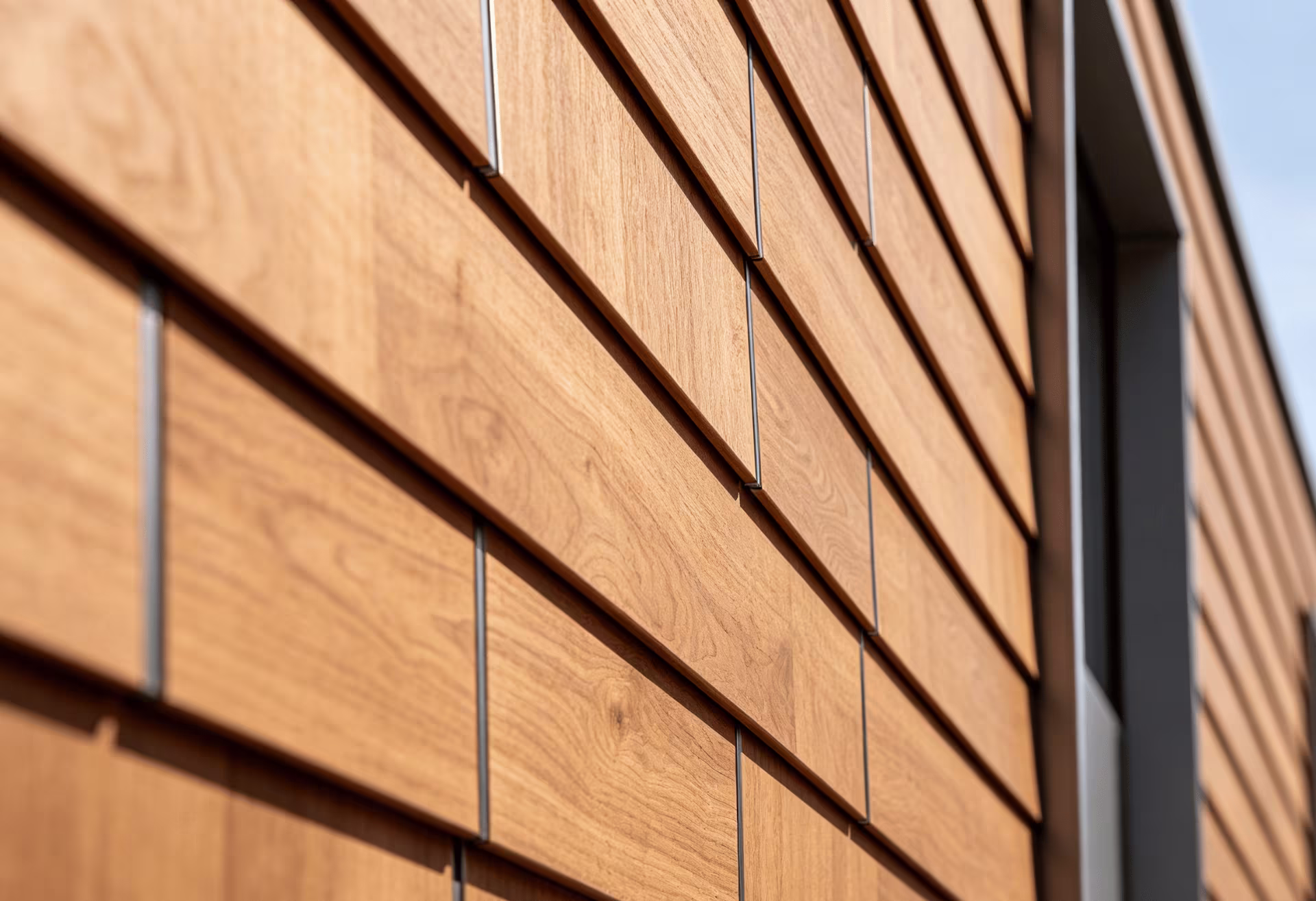 Wood grain steel siding on modern building façade