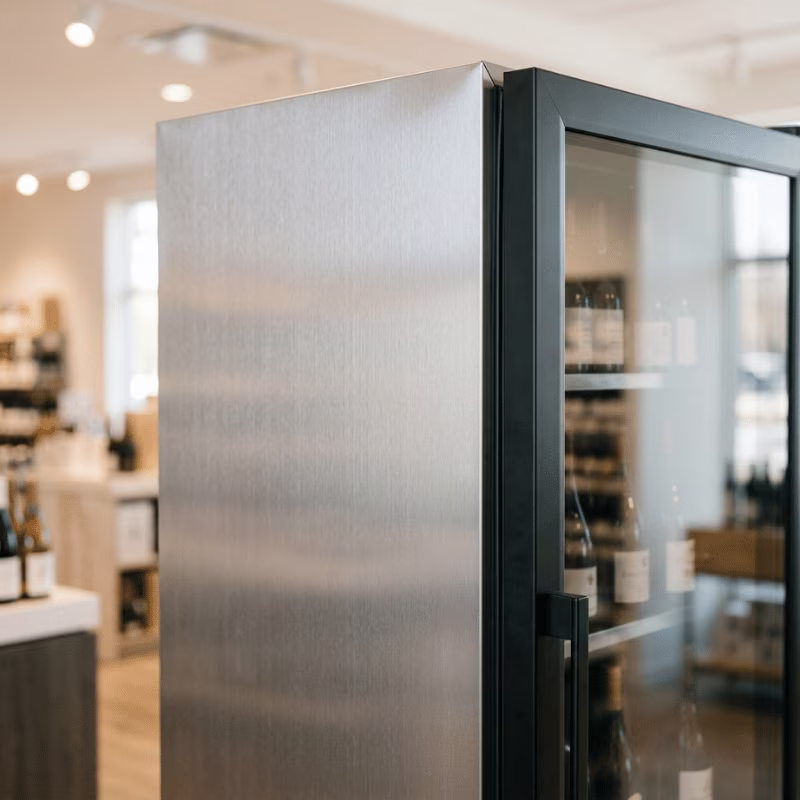Brushed steel display cabinet panel in retail showroom