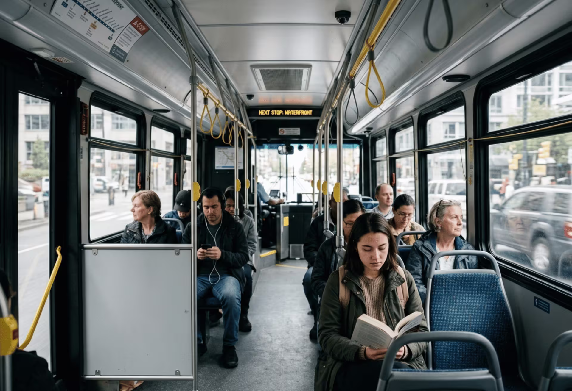 Bus interior with painted aluminum wall panels