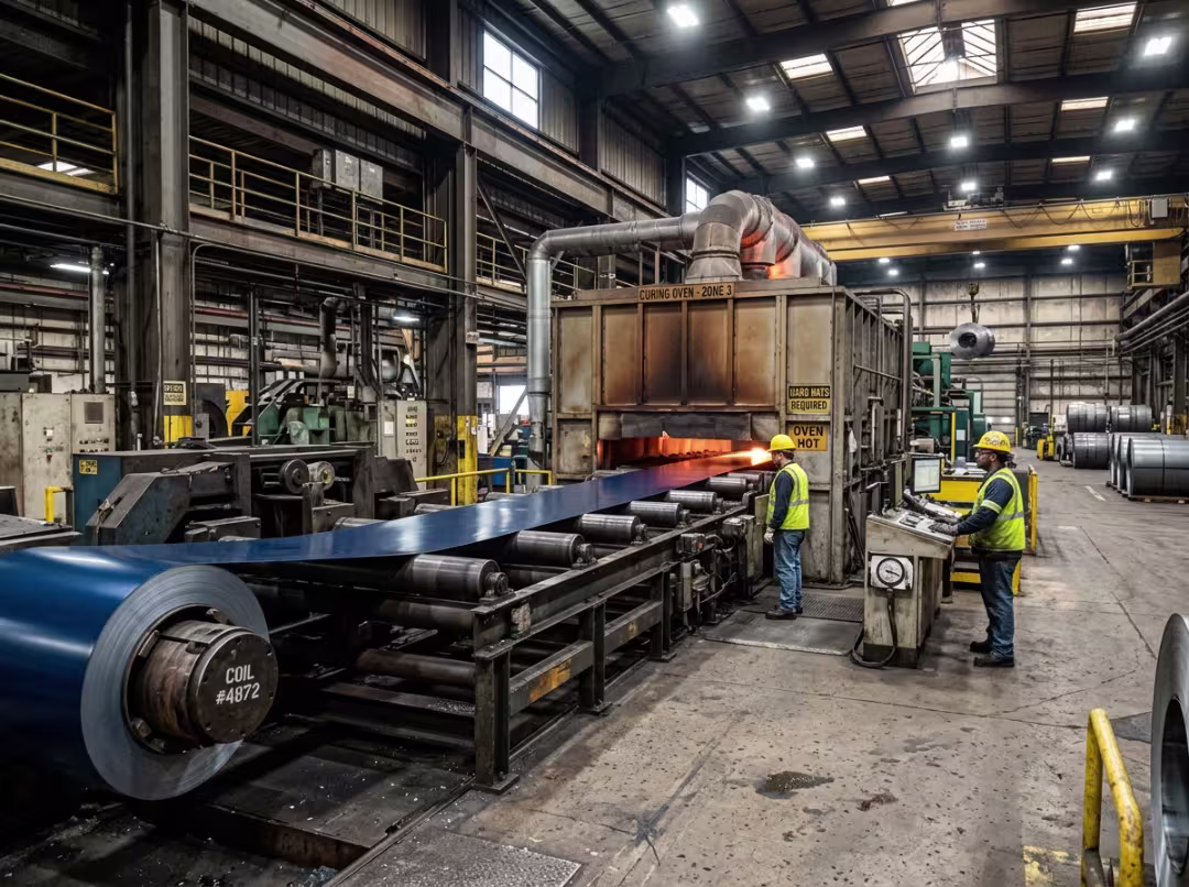 Coated steel coil moving through factory line Coated steel coil moving through factory line