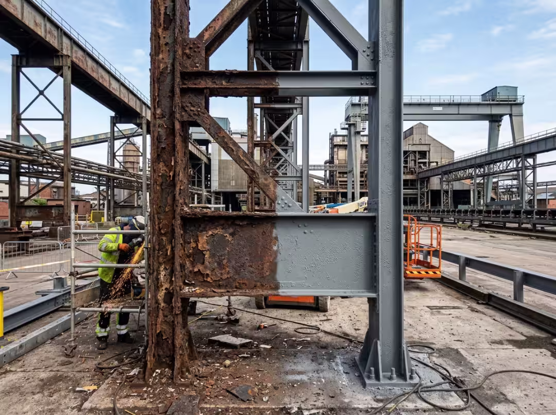 Corroded steel beside protected coated steel