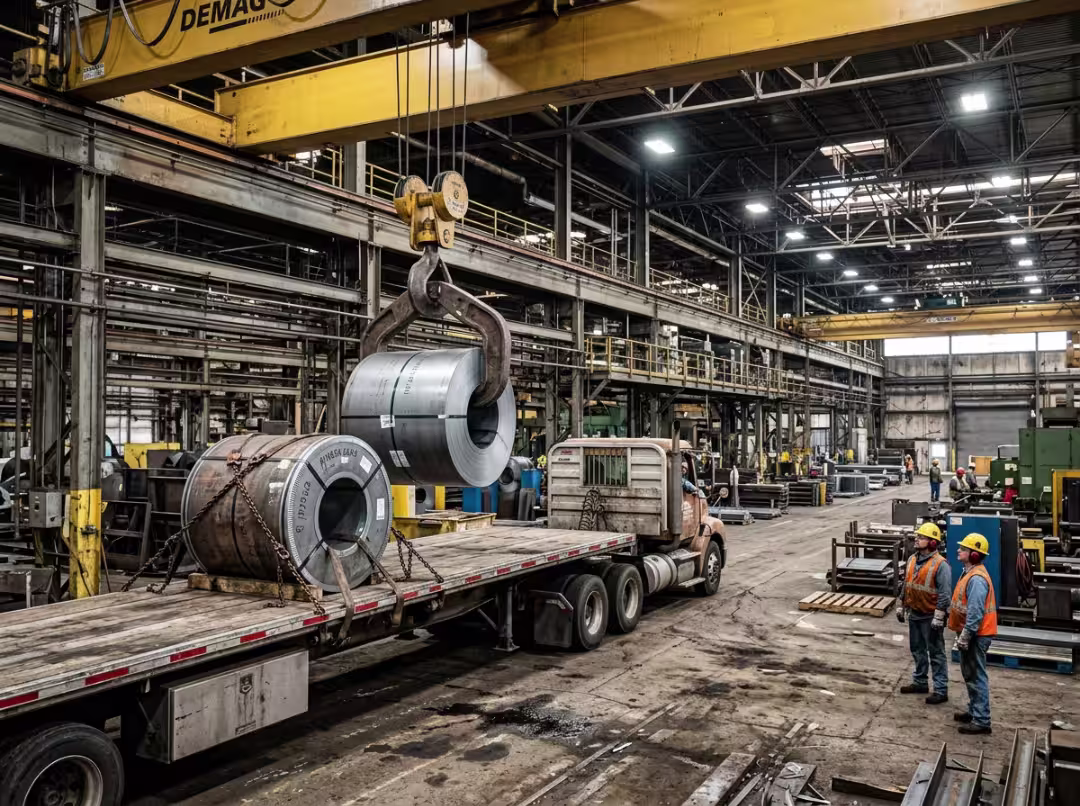 Crane lifting steel coil in factory Crane lifting steel coil in factory