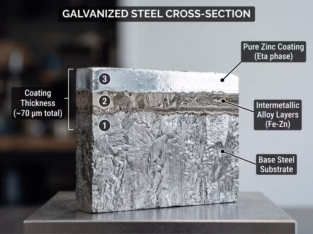 Cross section diagram of base steel and zinc coating layers Cross section diagram of base steel and zinc coating layers