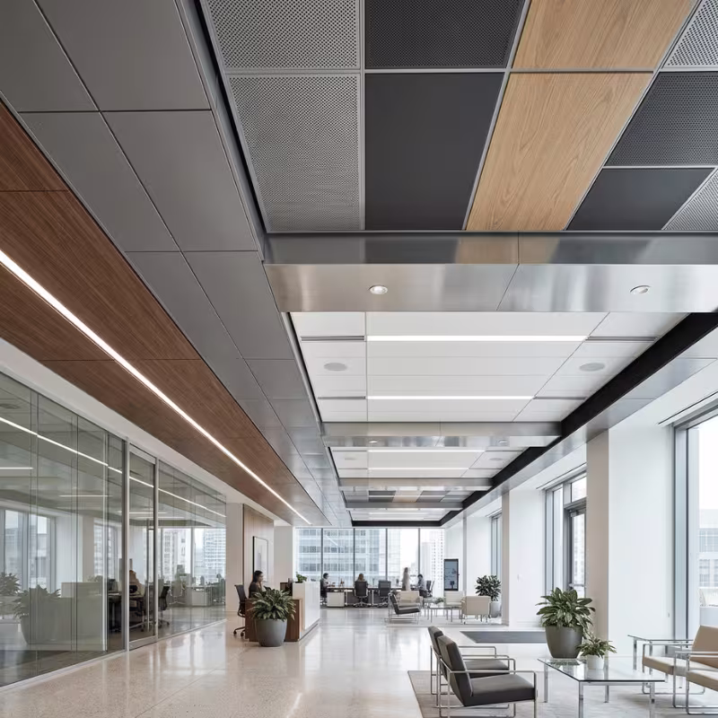 Decorative ceiling materials in a modern commercial interior