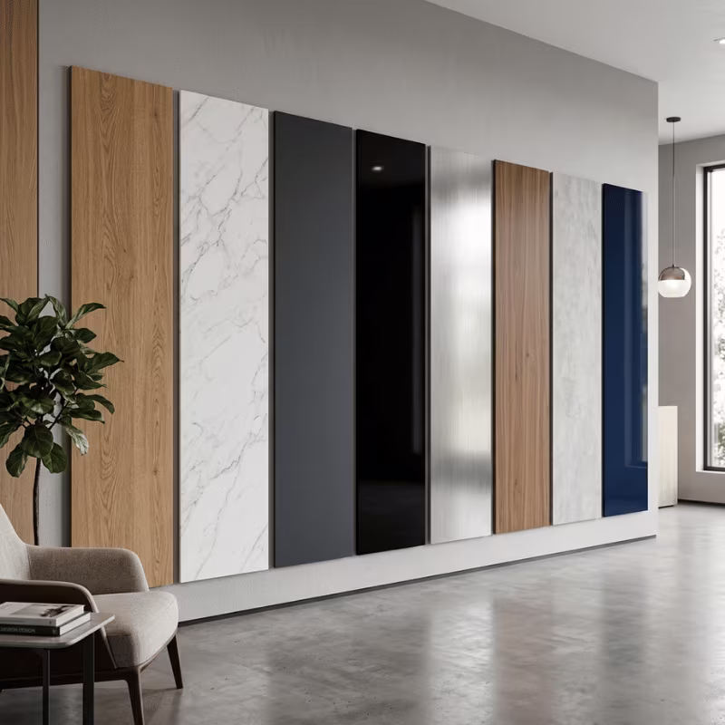 Decorative wall panel material and finish samples in a modern interior