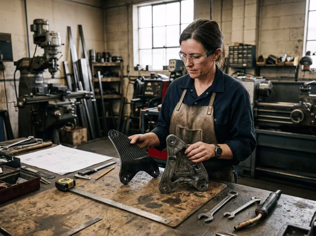 Engineer comparing carbon fiber and steel
