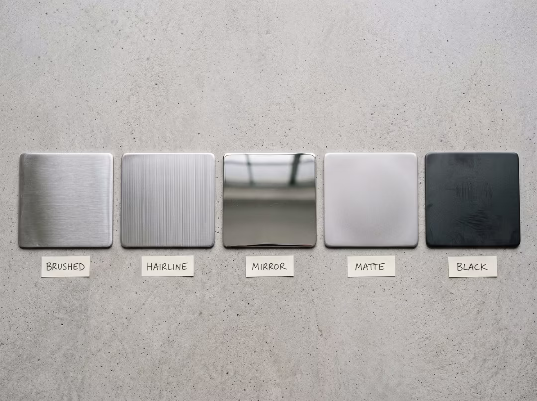 Five stainless steel finish samples compared