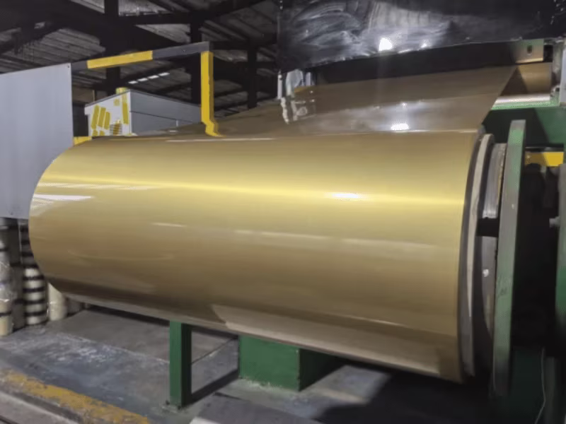 Glossy reflective PPGI steel panel close up