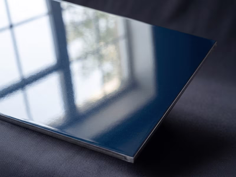 Glossy reflective PPGI steel panel close up