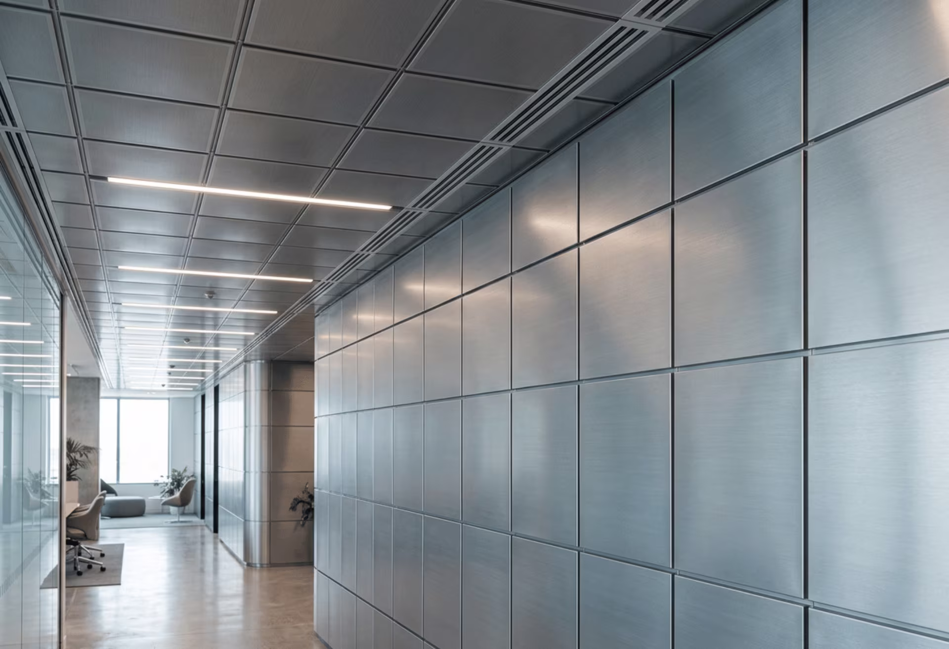 Hairline steel ceiling and wall panels