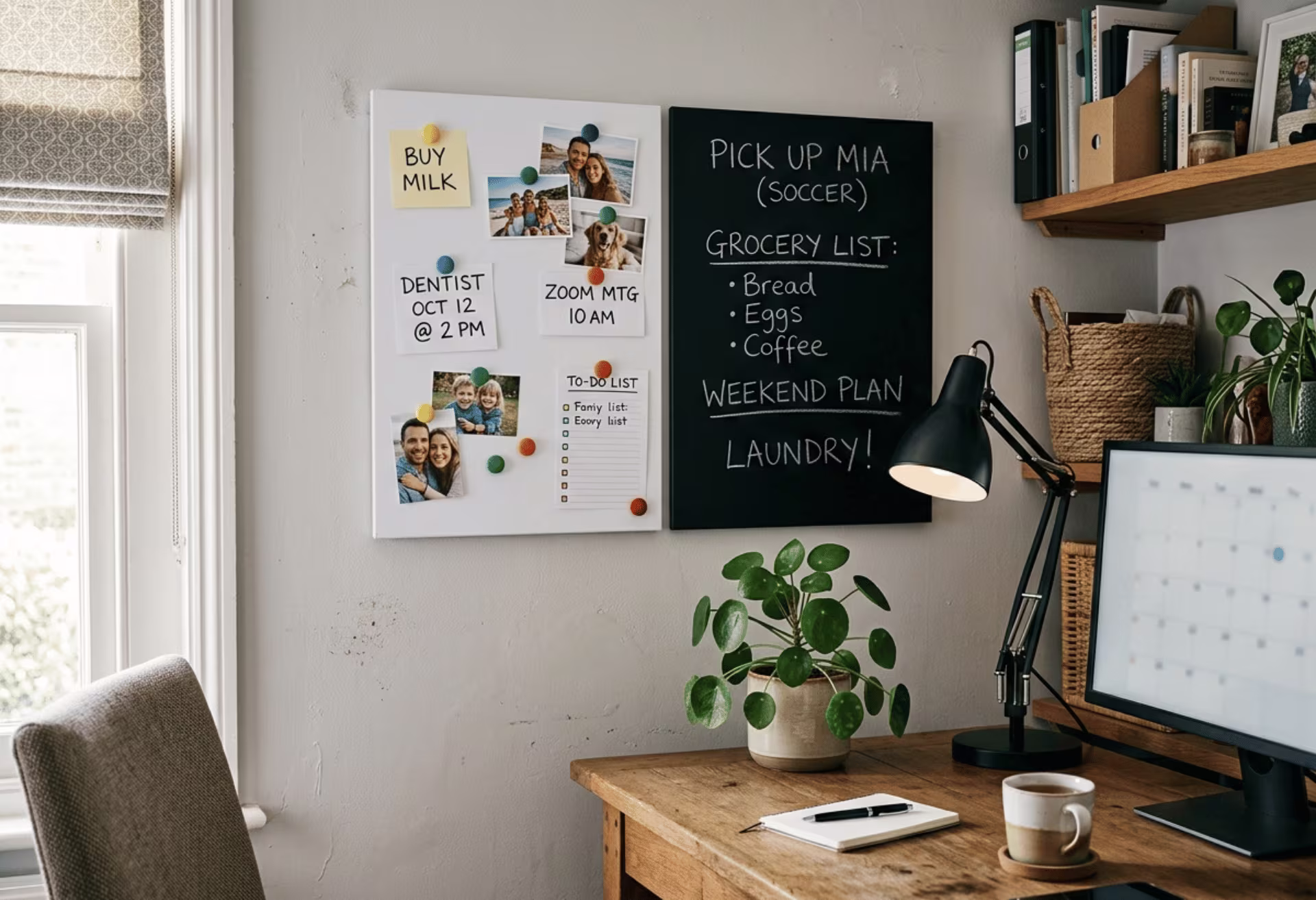 Home office wall with whiteboard notice board