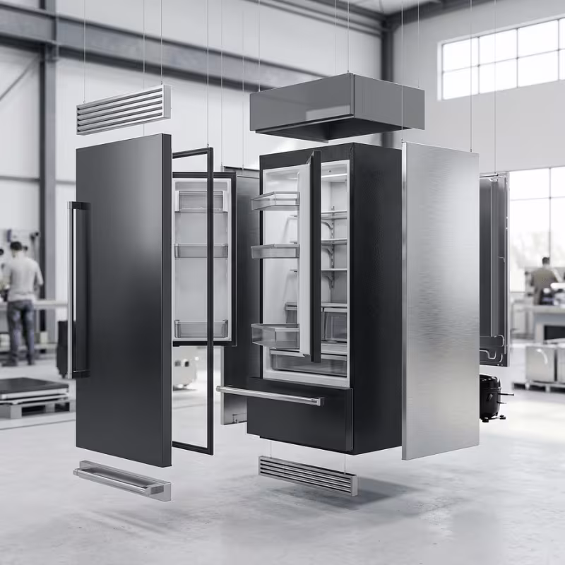 Illustration Showing the Different Panel Areas and Material Options for Refrigerators