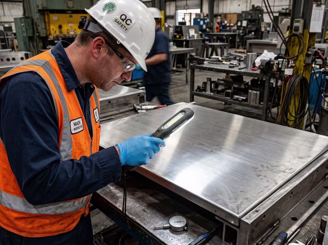 Inspector checking stainless steel finish Inspector checking stainless steel finish