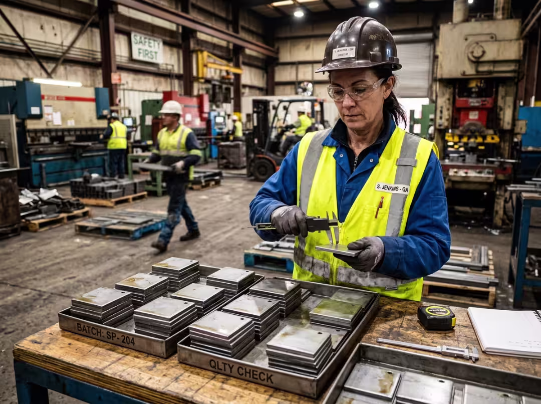 Inspector measuring blanked steel parts Inspector measuring blanked steel parts