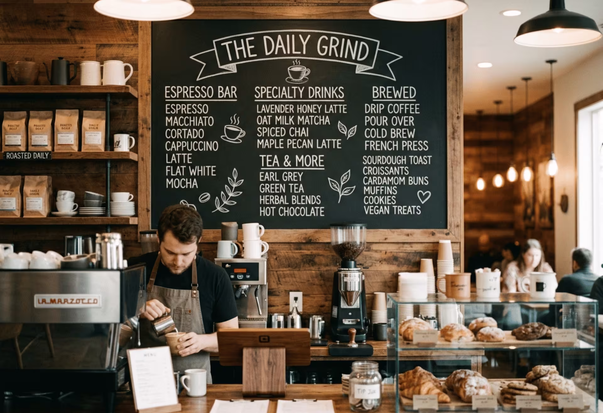 Matte black chalkboard menu board in café