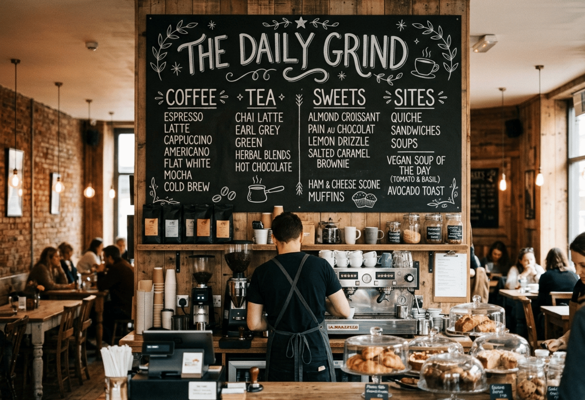 Matte black chalkboard menu board in café