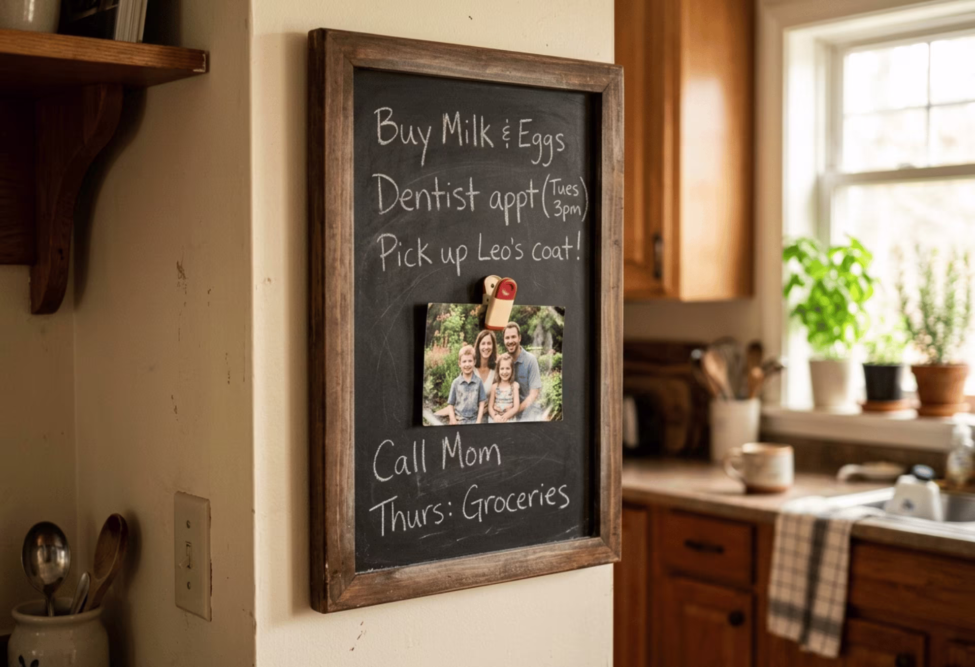 Matte black magnetic chalkboard in home kitchen