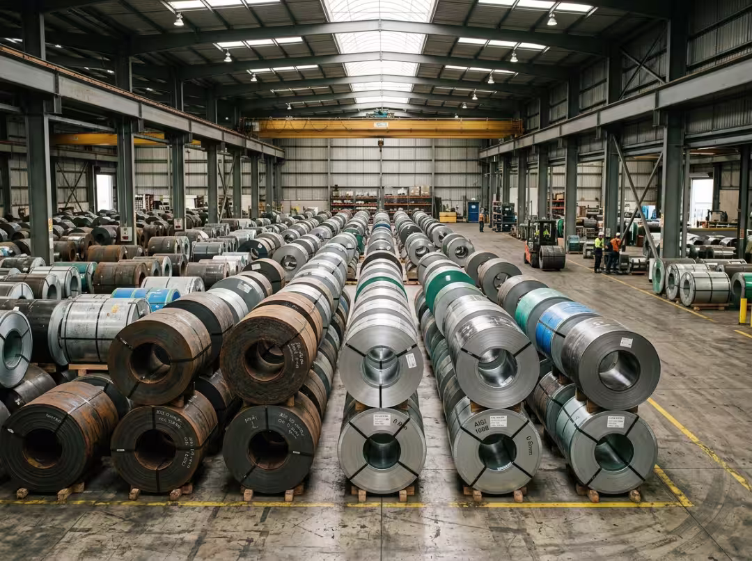 Mixed steel coil types stacked in warehouse