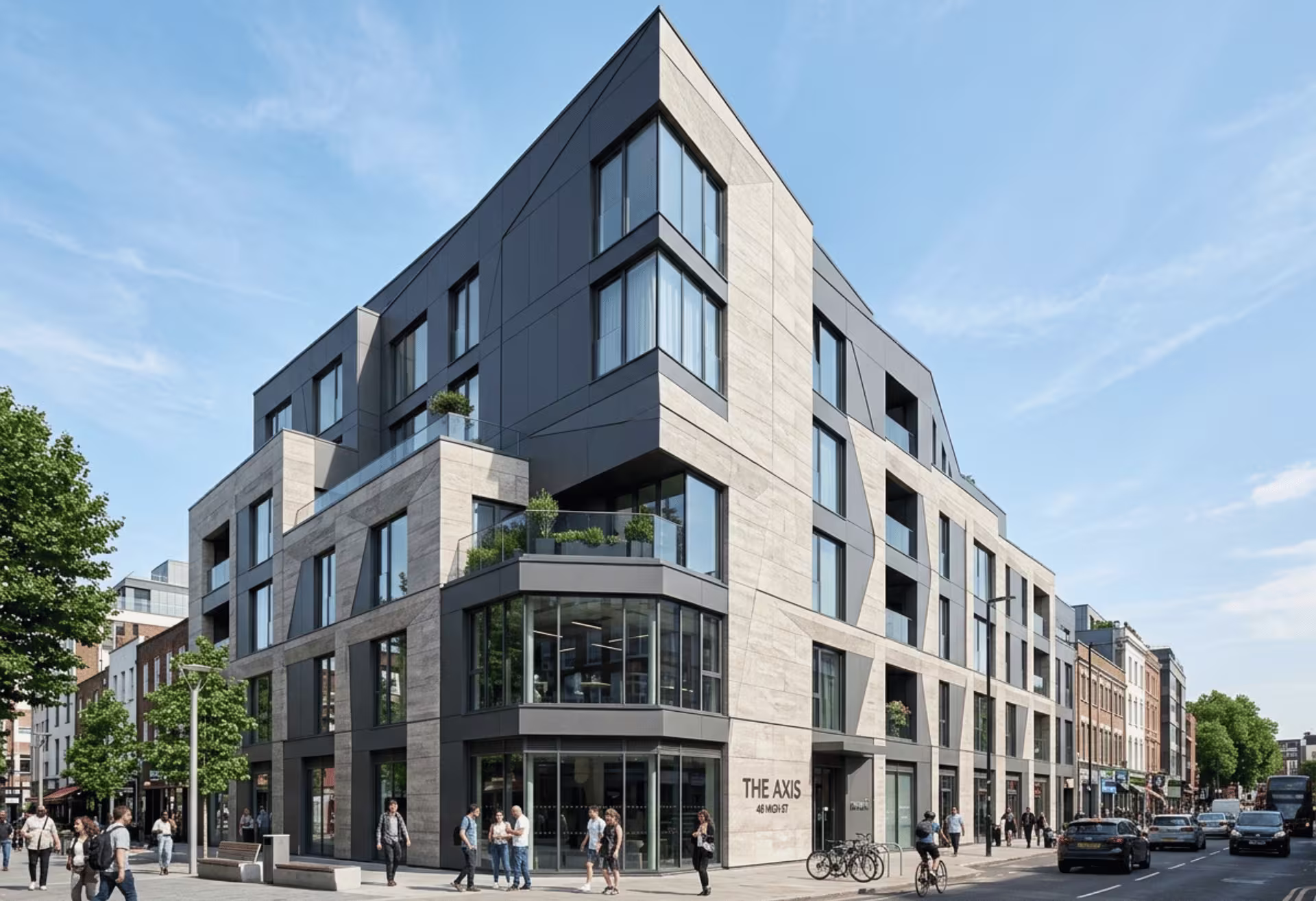 Modern building with matte rainscreen facade panels