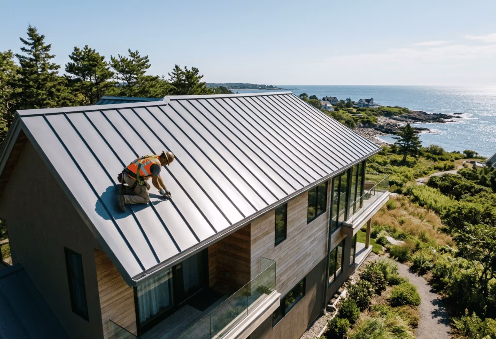 PVDF standing seam aluminum roof on coastal home