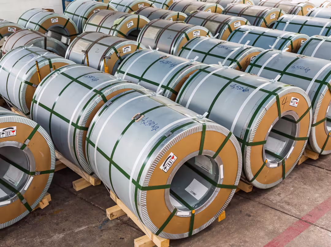Prepainted steel coils staged in warehouse