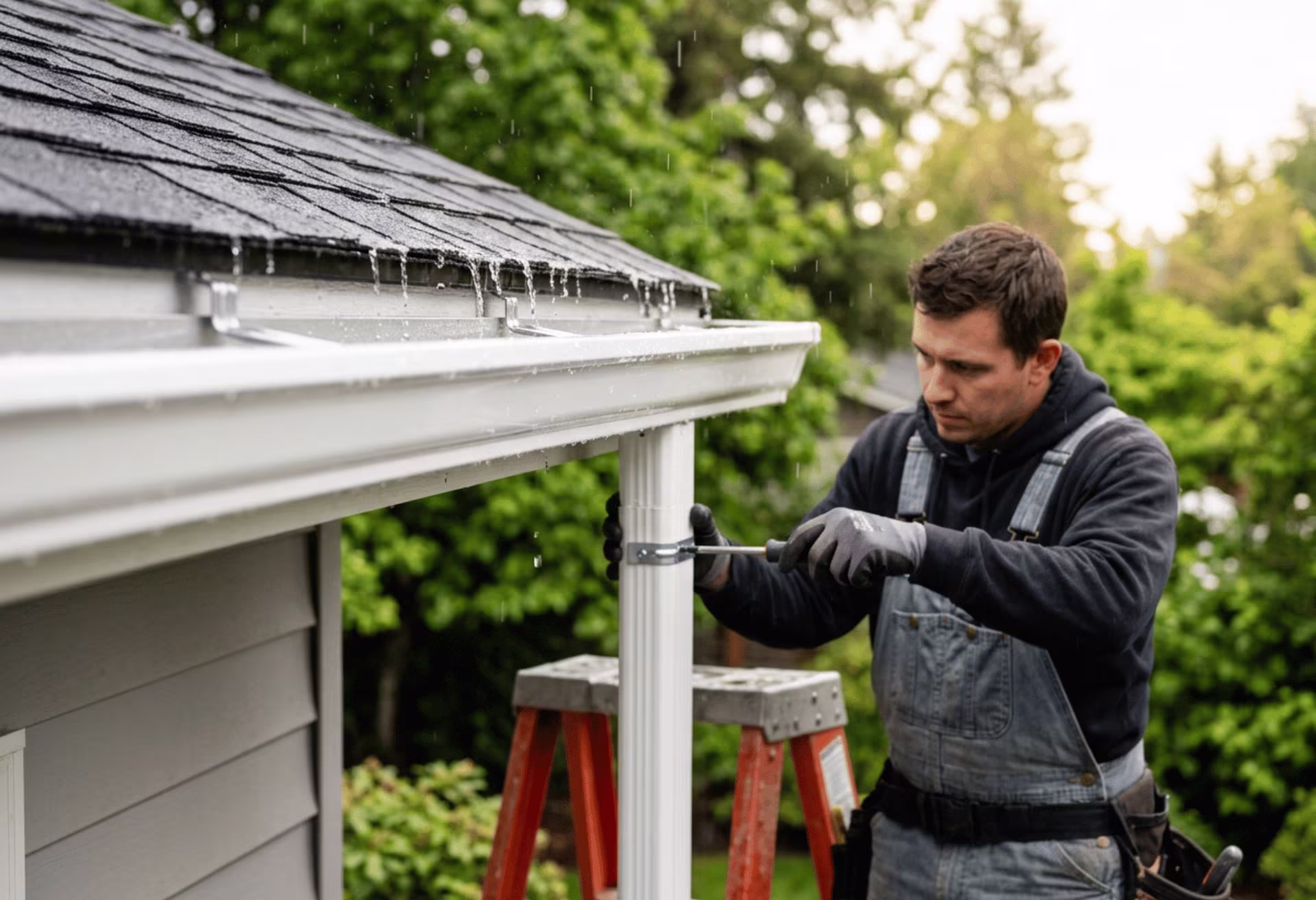 Roll formed aluminum gutters on house eave