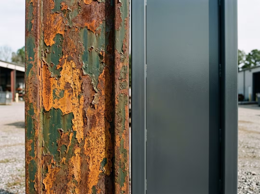 Rusted bare steel next to coated steel panel