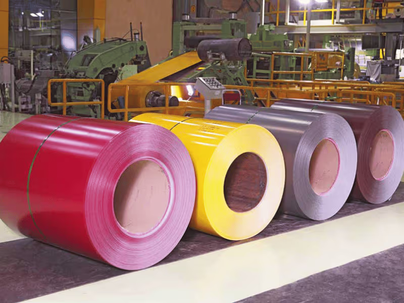 Stacked colored PPGI steel sheets in studio