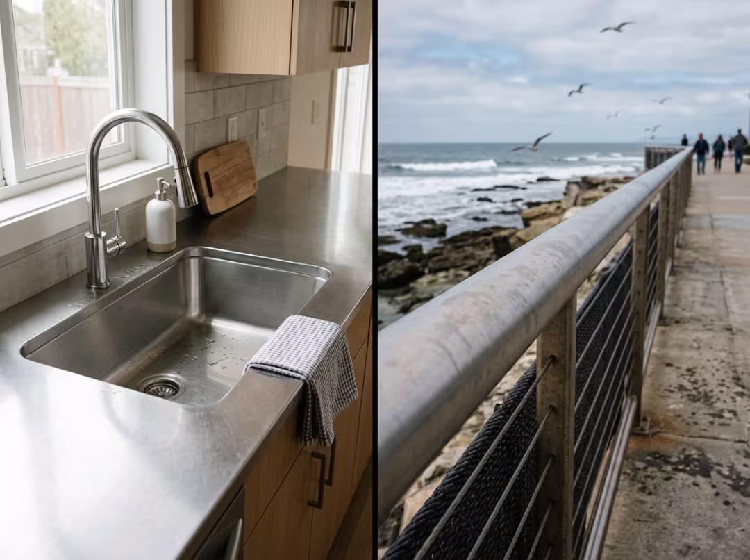 Stainless steel kitchen sink and coastal railing Stainless steel kitchen sink and coastal railing