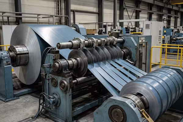 Steel slitting line cutting coil into strips