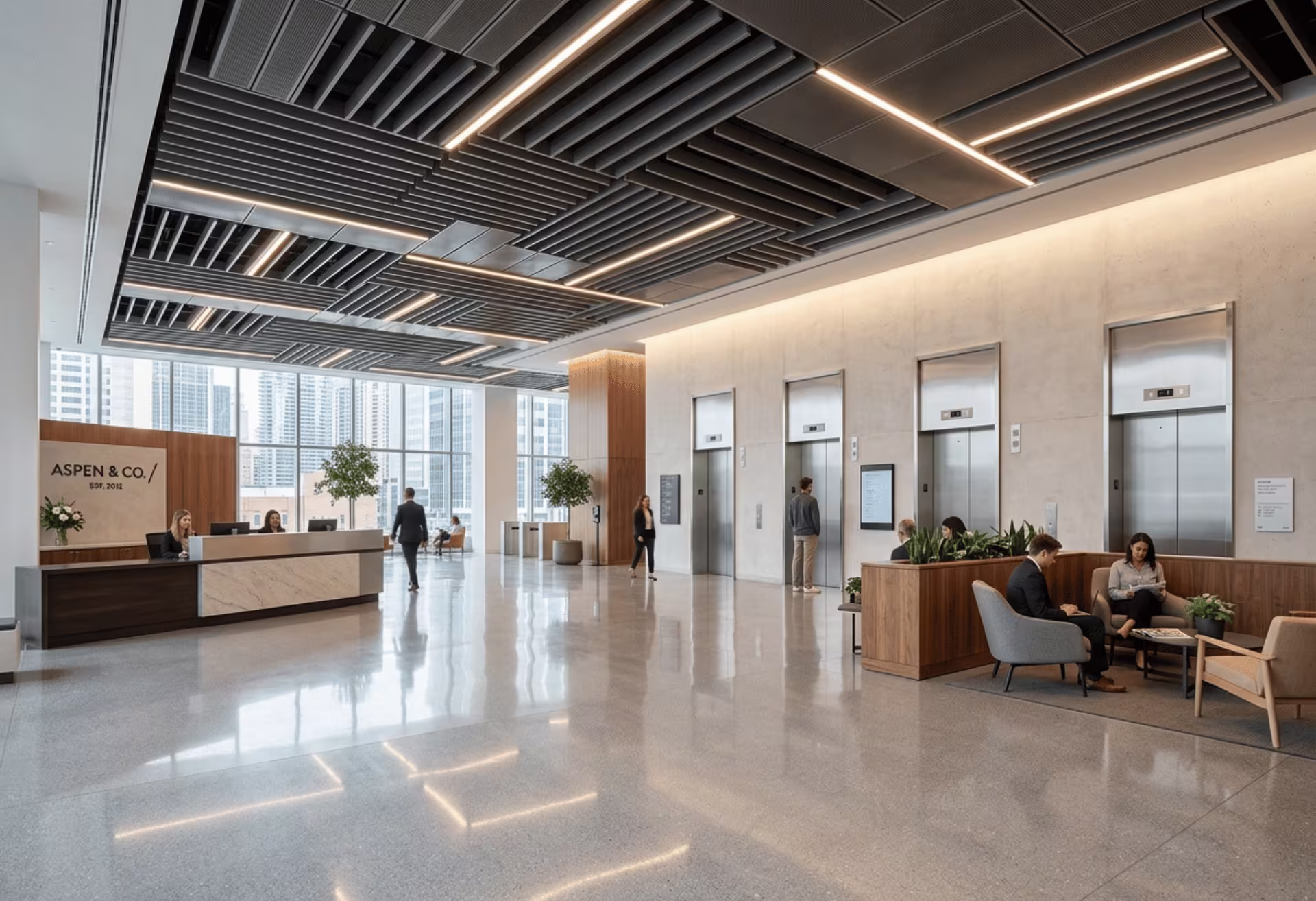 Suspended metal ceiling in modern office lobby
