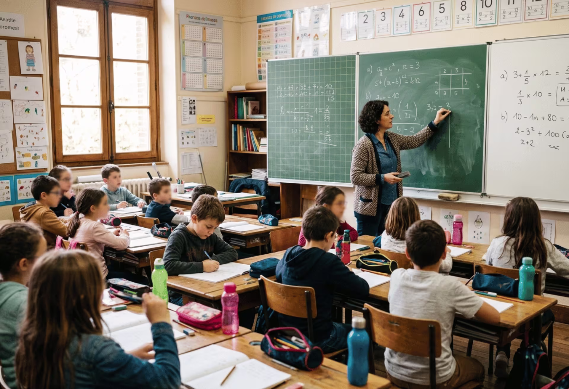 Teacher writing on green chalkboard in classroom