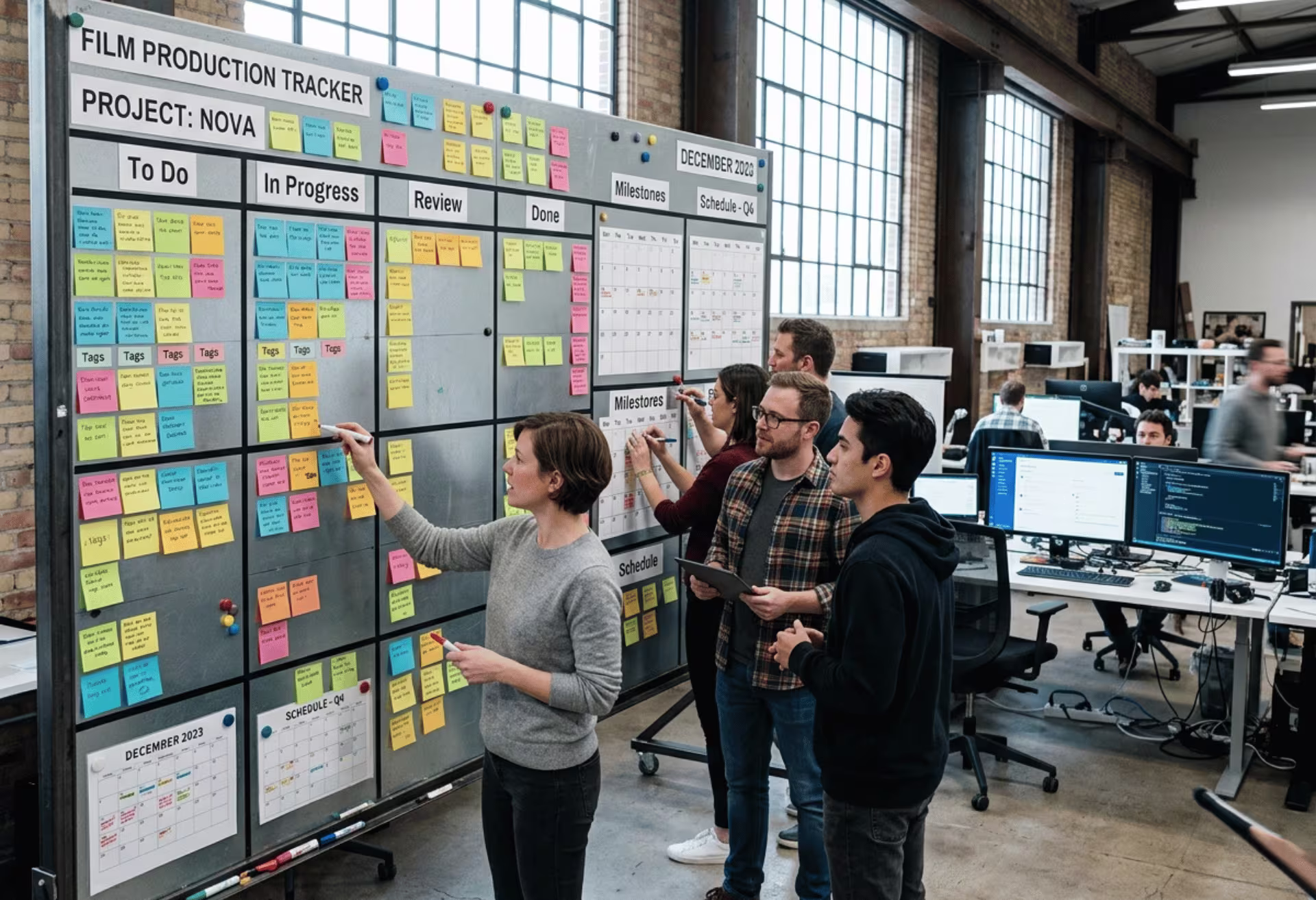 Team managing tasks on gridline Kanban wall