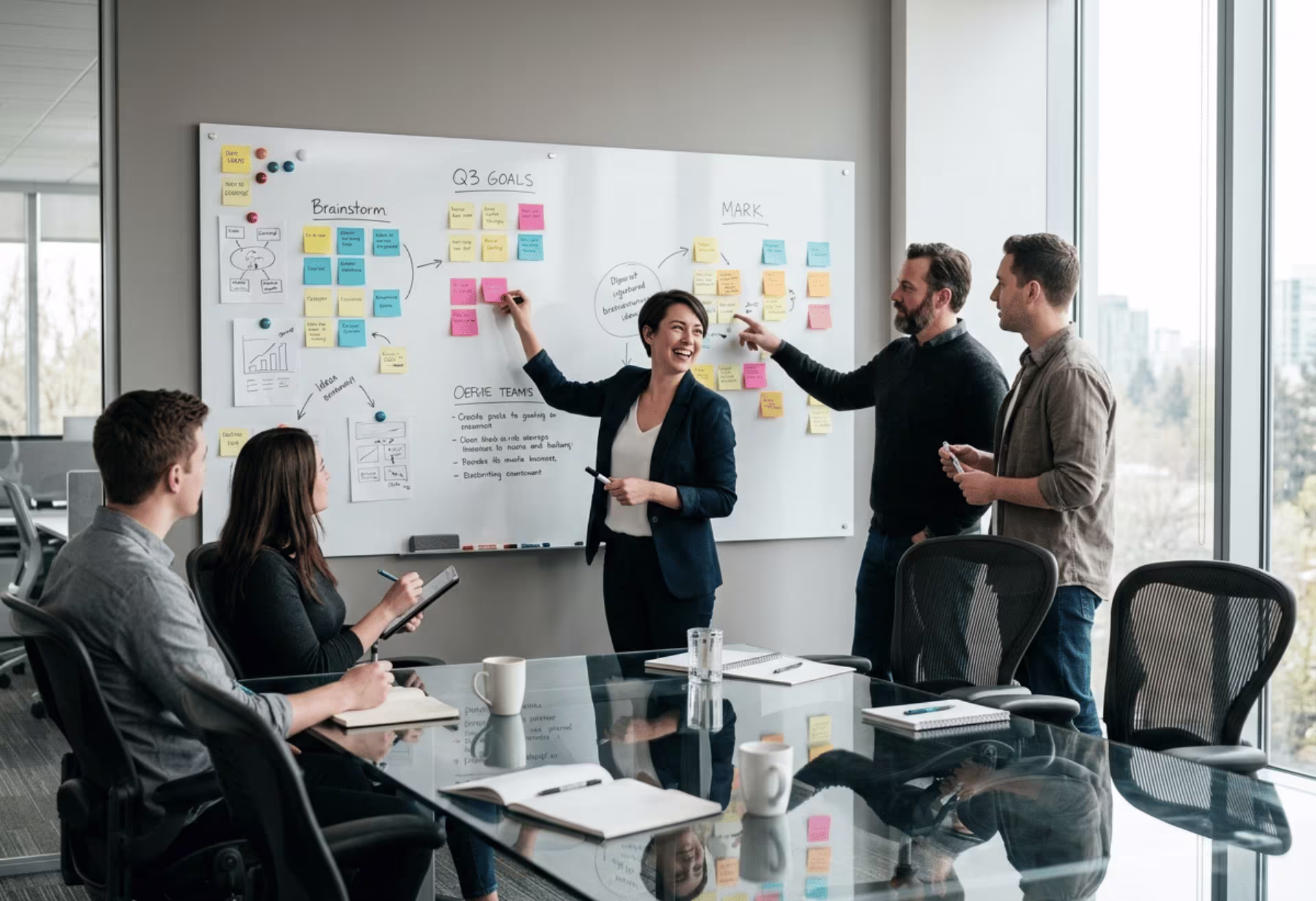 Team using magnetic whiteboard in office meeting room