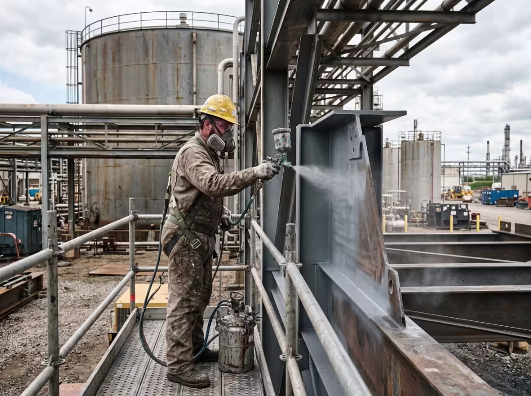 Technician spraying coating on steel structure Technician spraying coating on steel structure