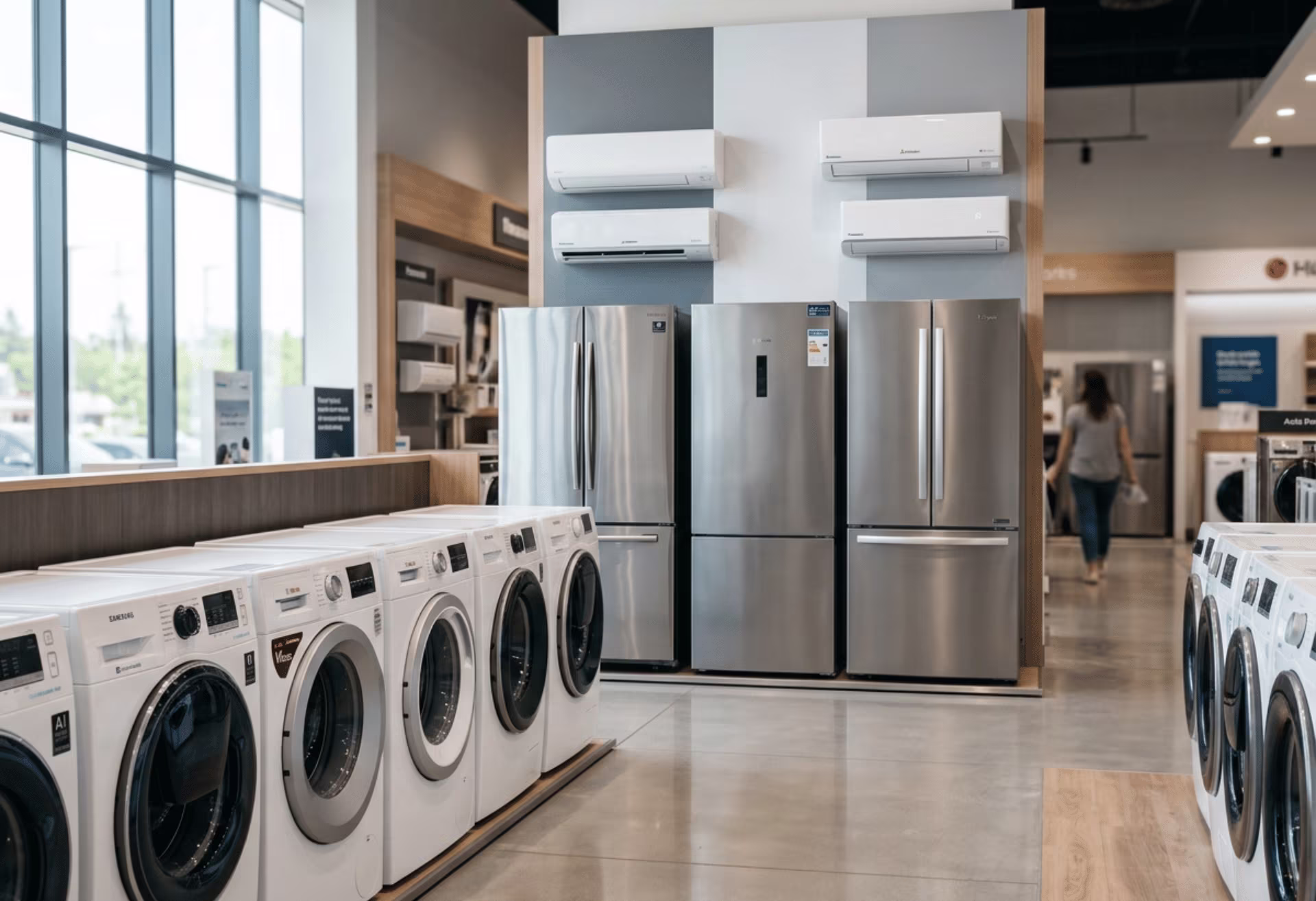 White appliances with prepainted steel panels in showroom