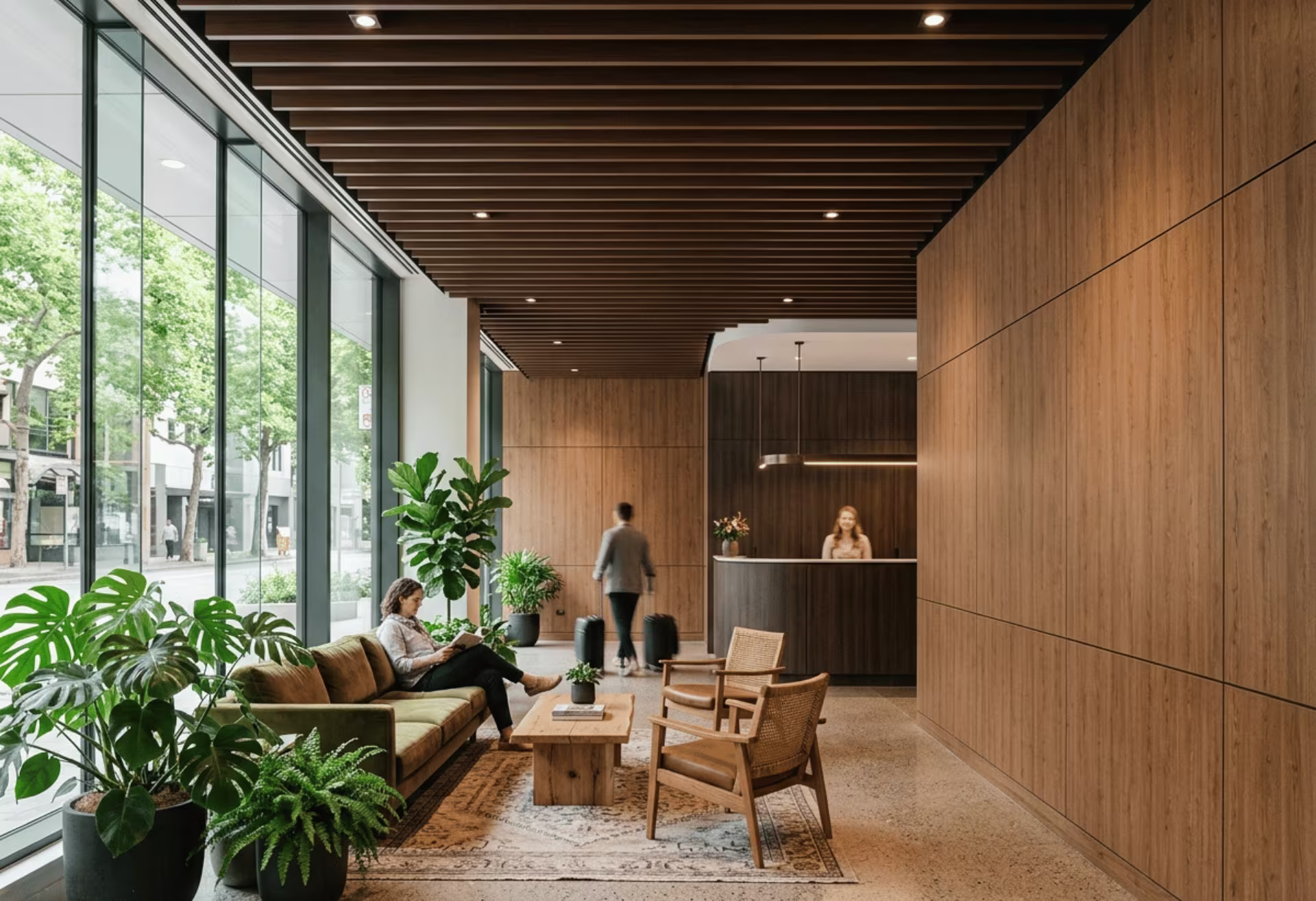 Wood grain aluminum panels in interior lobby