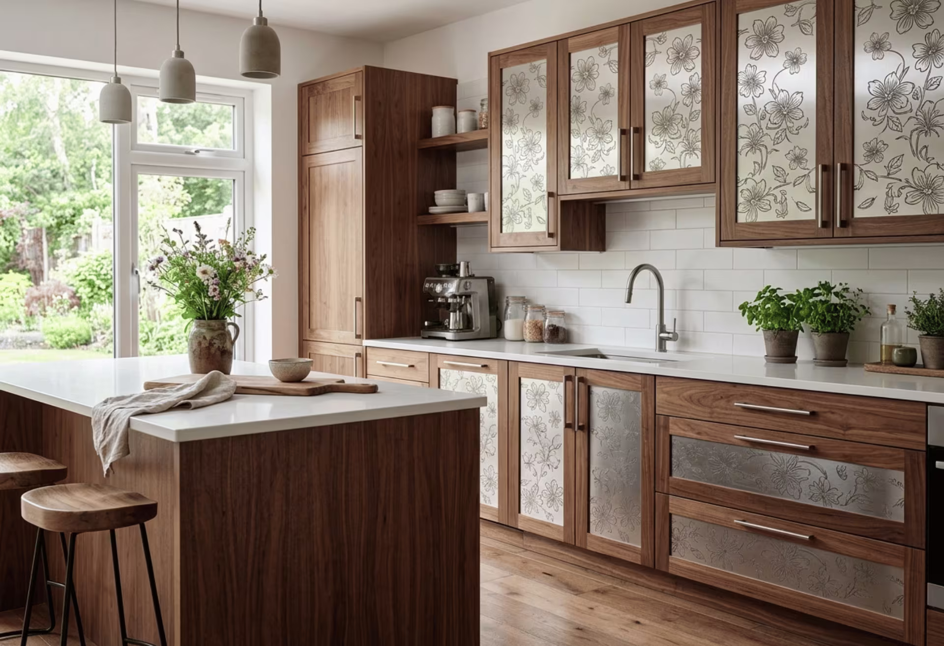 Wood grain and flower pattern cabinet fronts
