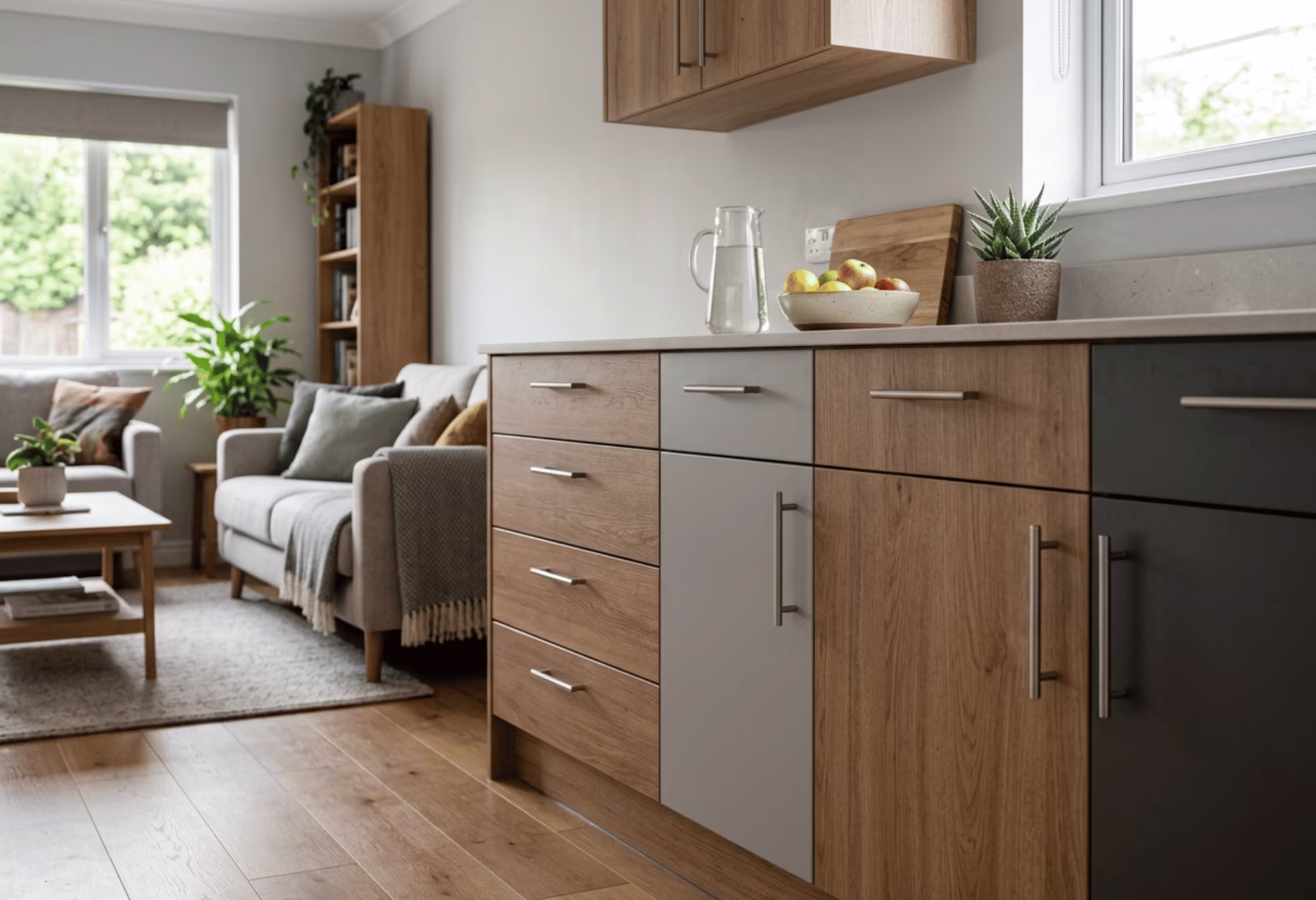 Wood grain laminated cabinet doors and drawers