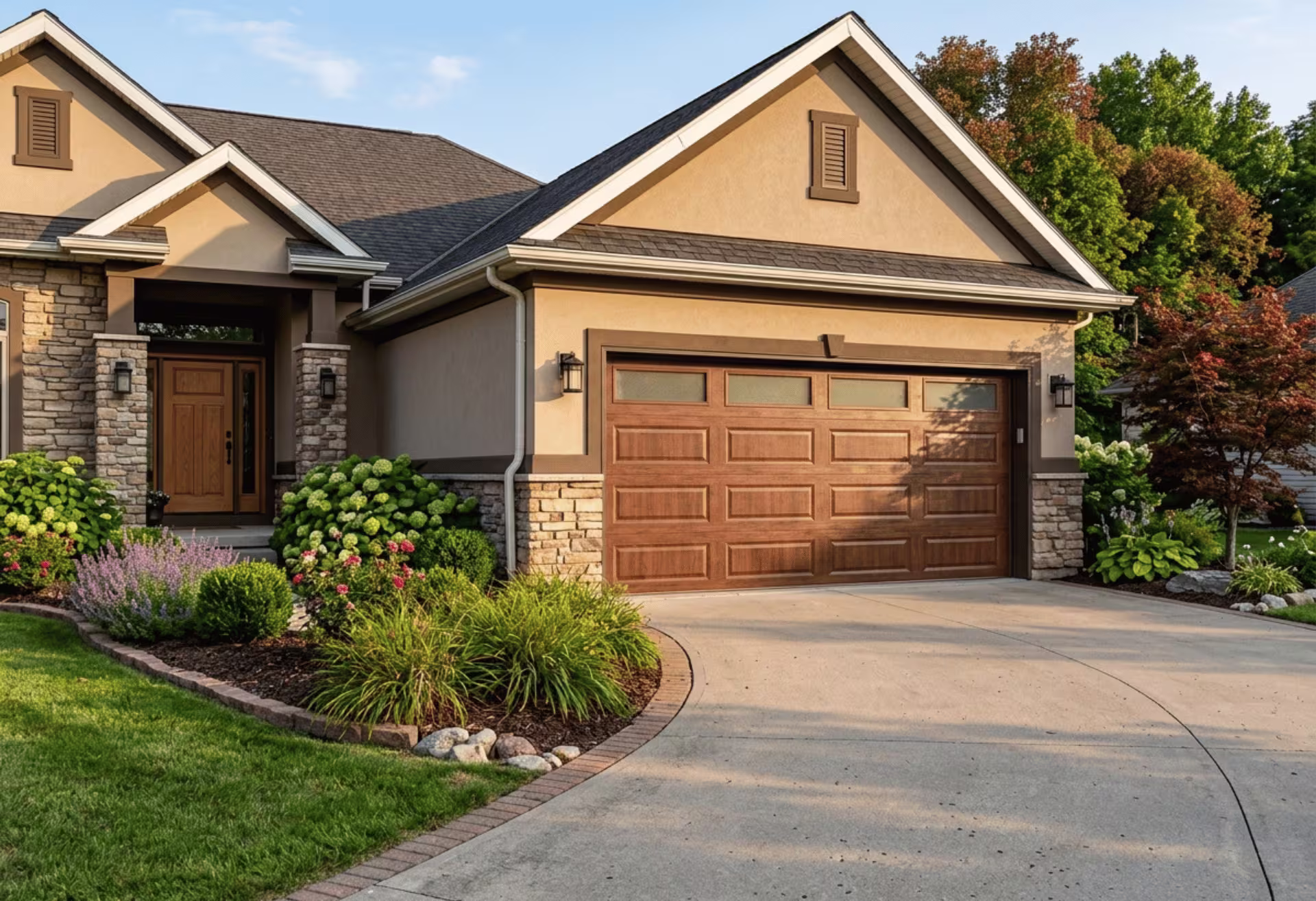 Wood grain steel garage door on suburban home