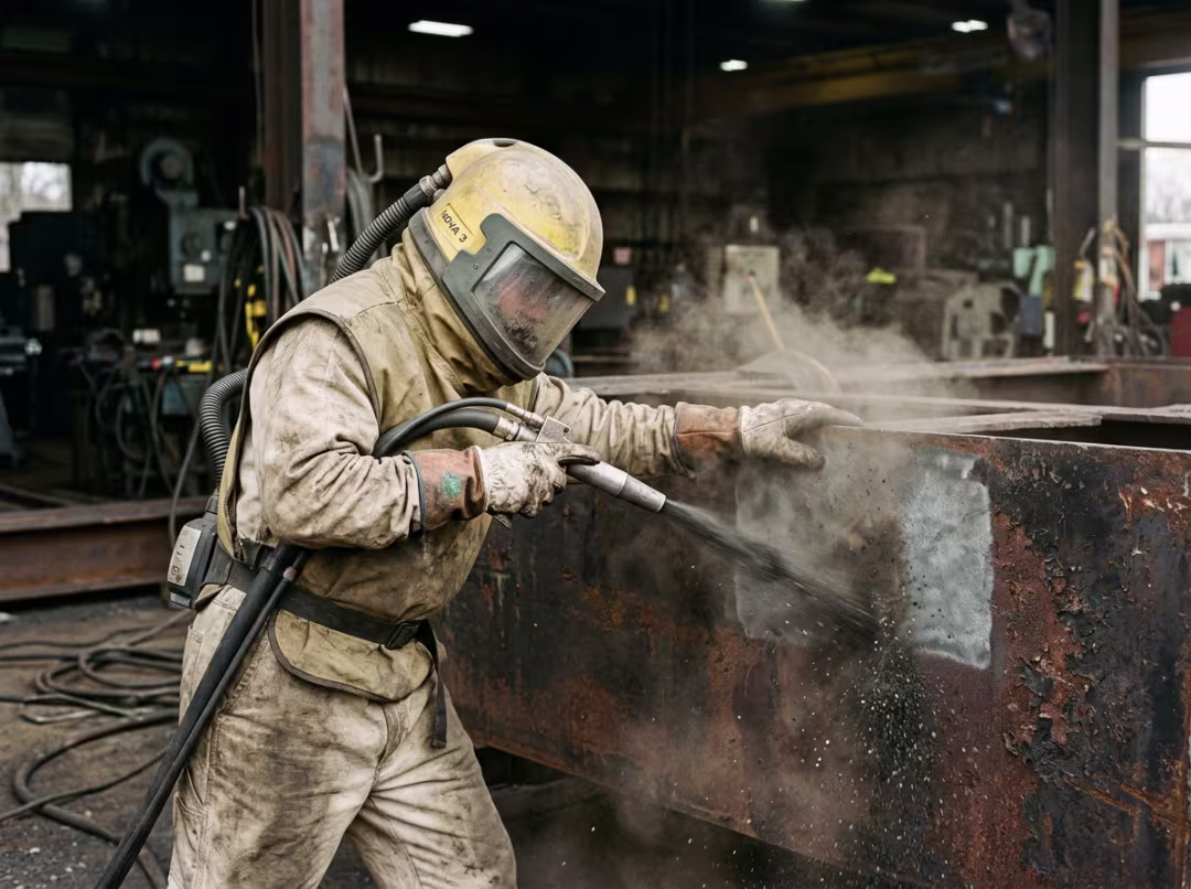 Worker abrasive blasting a steel surface Worker abrasive blasting a steel surface