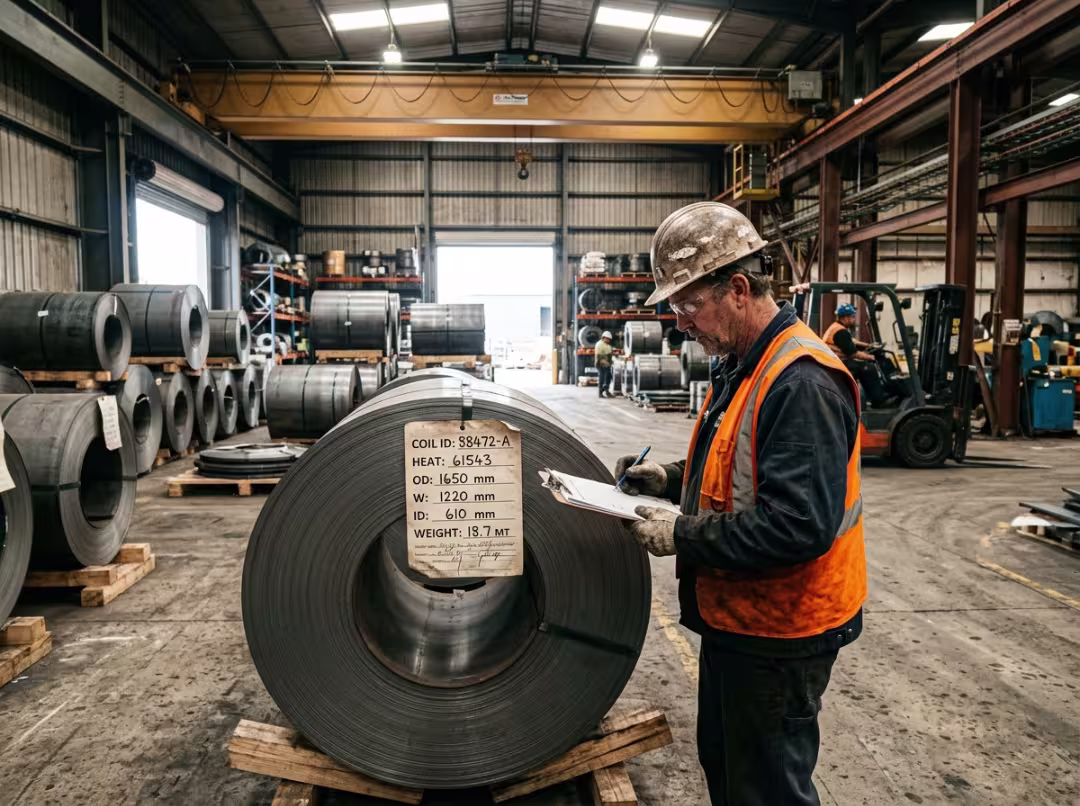 Worker inspecting steel coil specifications Worker inspecting steel coil specifications