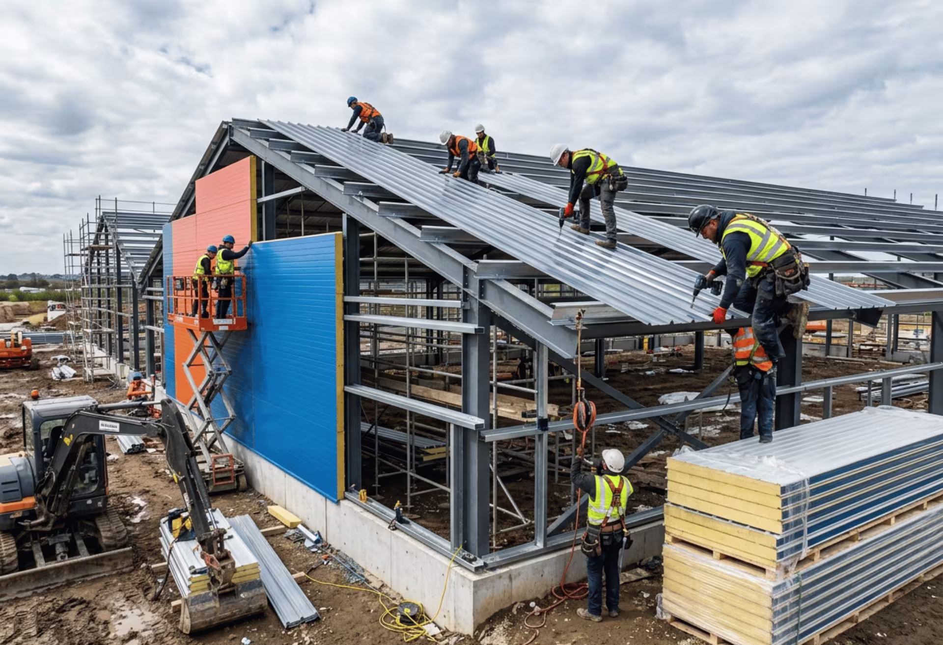 Workers installing metal roof sheets and cladding