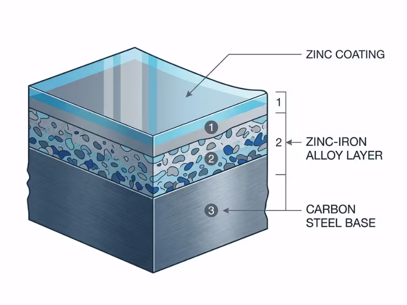 Cross section diagram of galvanized steel showing zinc and steel layers Cross section diagram of galvanized steel showing zinc and steel layers